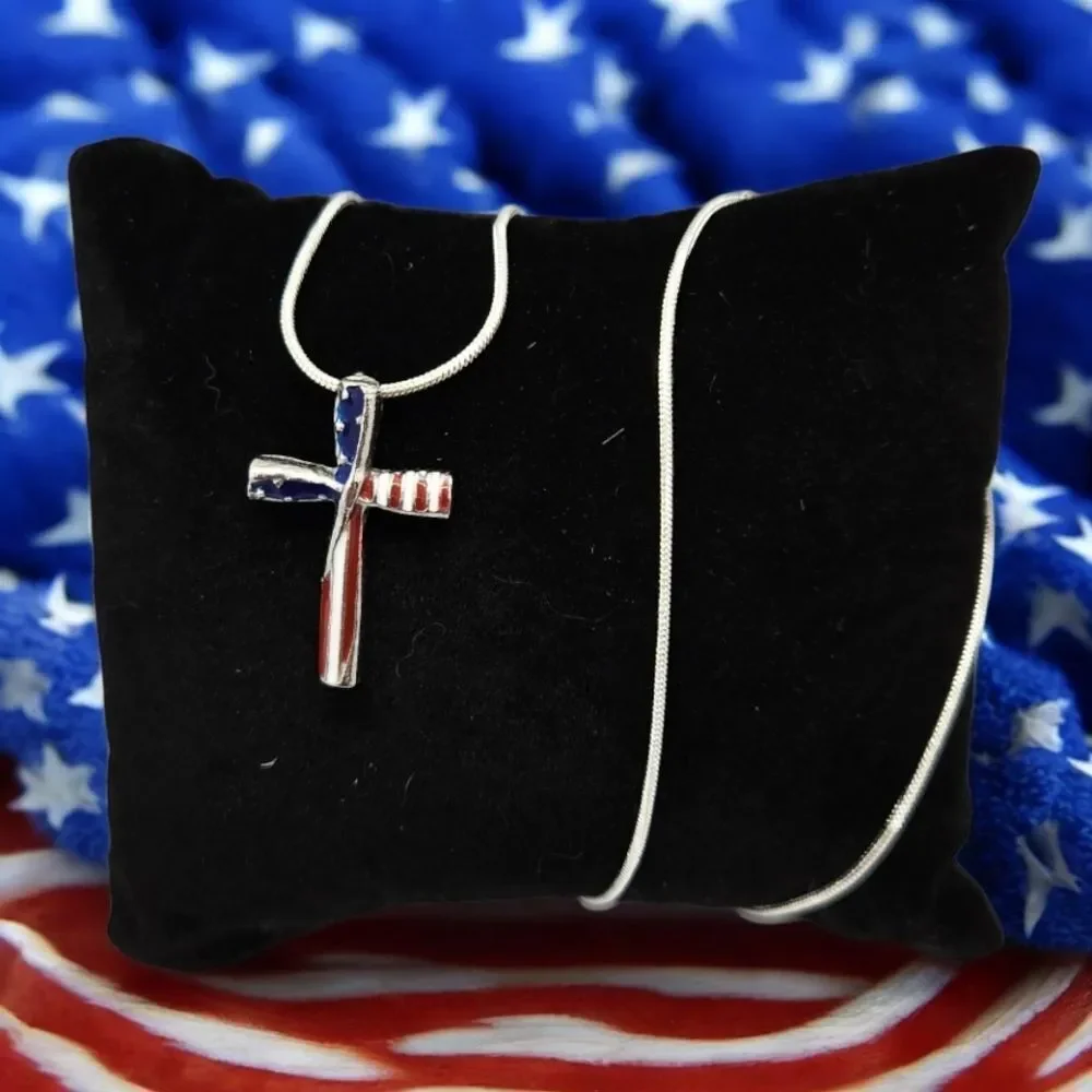 American Flag Cross Pendant Necklace Patriotic USA Stars Stripes Silver Chain 18